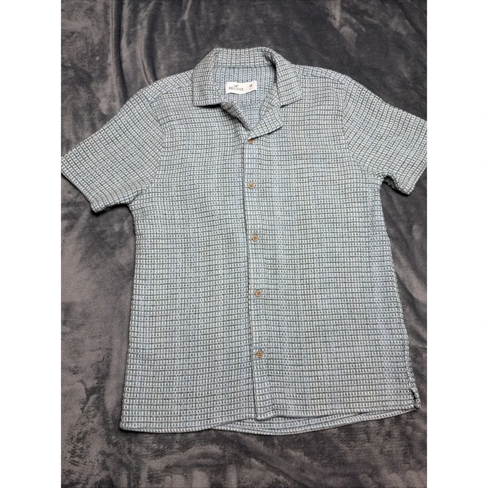 Hollister Texture Weave Blue And Green Button Down Short Sleeve Shirt Coastal M
